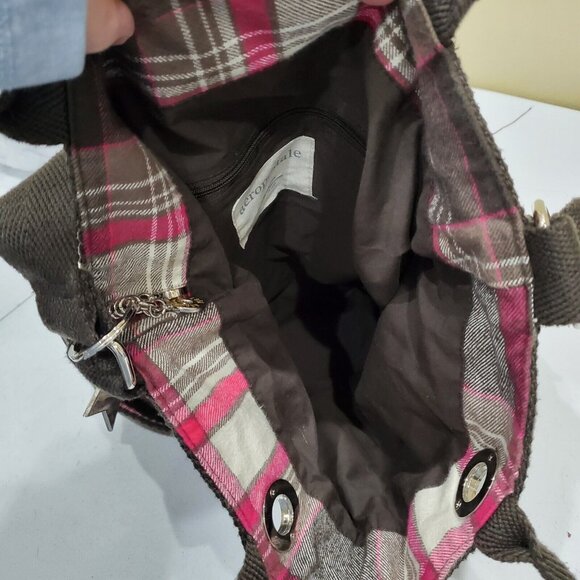 Aeropostale Tote Handbag with Wristlet Brown Pink Plaid Canvas Double Handles - Picture 10 of 15